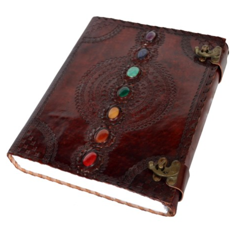 Handmade Large Leather Journal Seven Chakra Stone Embossed Diary White Unlined Recycled Cotton Paper Book of Shadows Hardcover Vintage Notebook Sketchbook Organizer Diary for Unisex