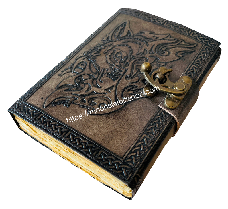 Leather Journal Traveler Diary Custom Sketchbook Celtic Magical Wolf Face Notebook Journal Gift Vintage Handmade Large Embossed