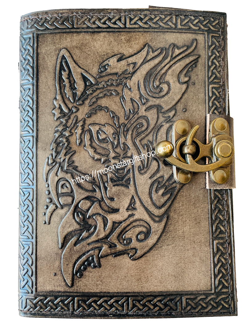 Leather Journal Traveler Diary Custom Sketchbook Celtic Magical Wolf Face Notebook Journal Gift Vintage Handmade Large Embossed