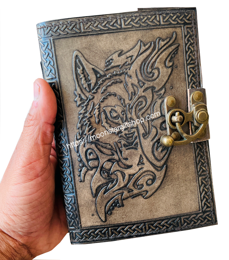 Leather Journal Traveler Diary Custom Sketchbook Celtic Magical Wolf Face Notebook Journal Gift Vintage Handmade Large Embossed