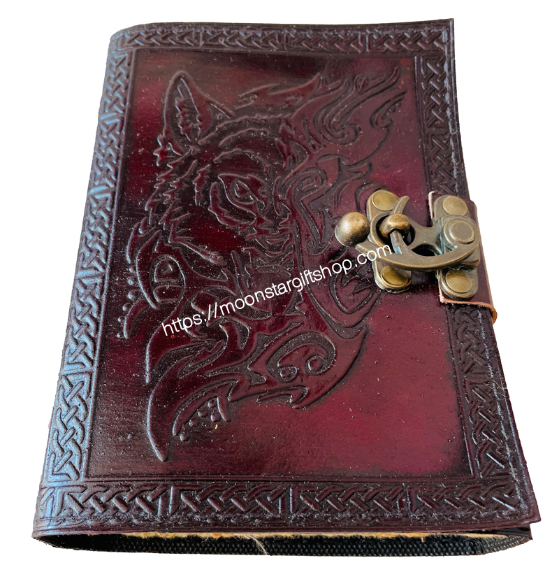 Wholesaler Handmade Antique Wolf Face Embossed Vintage Spell Book Of Shadows Leather Journal With C Lock Best Gift For Christmas, New Year, Men, Women Deckle Edge Paper 200 Pages Notebook Ske