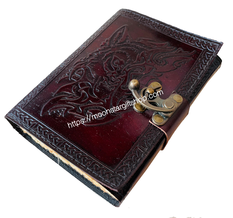 Wholesaler Handmade Antique Wolf Face Embossed Vintage Spell Book Of Shadows Leather Journal With C Lock Best Gift For Christmas, New Year, Men, Women Deckle Edge Paper 200 Pages Notebook Ske