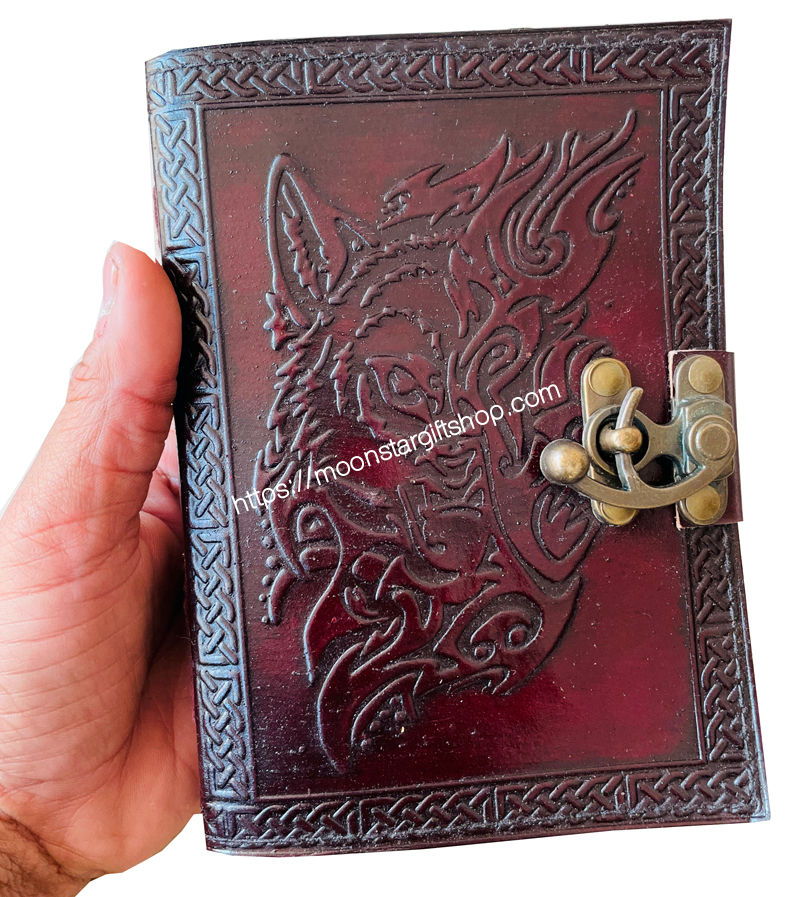 Wholesaler Handmade Antique Wolf Face Embossed Vintage Spell Book Of Shadows Leather Journal With C Lock Best Gift For Christmas, New Year, Men, Women Deckle Edge Paper 200 Pages Notebook Ske