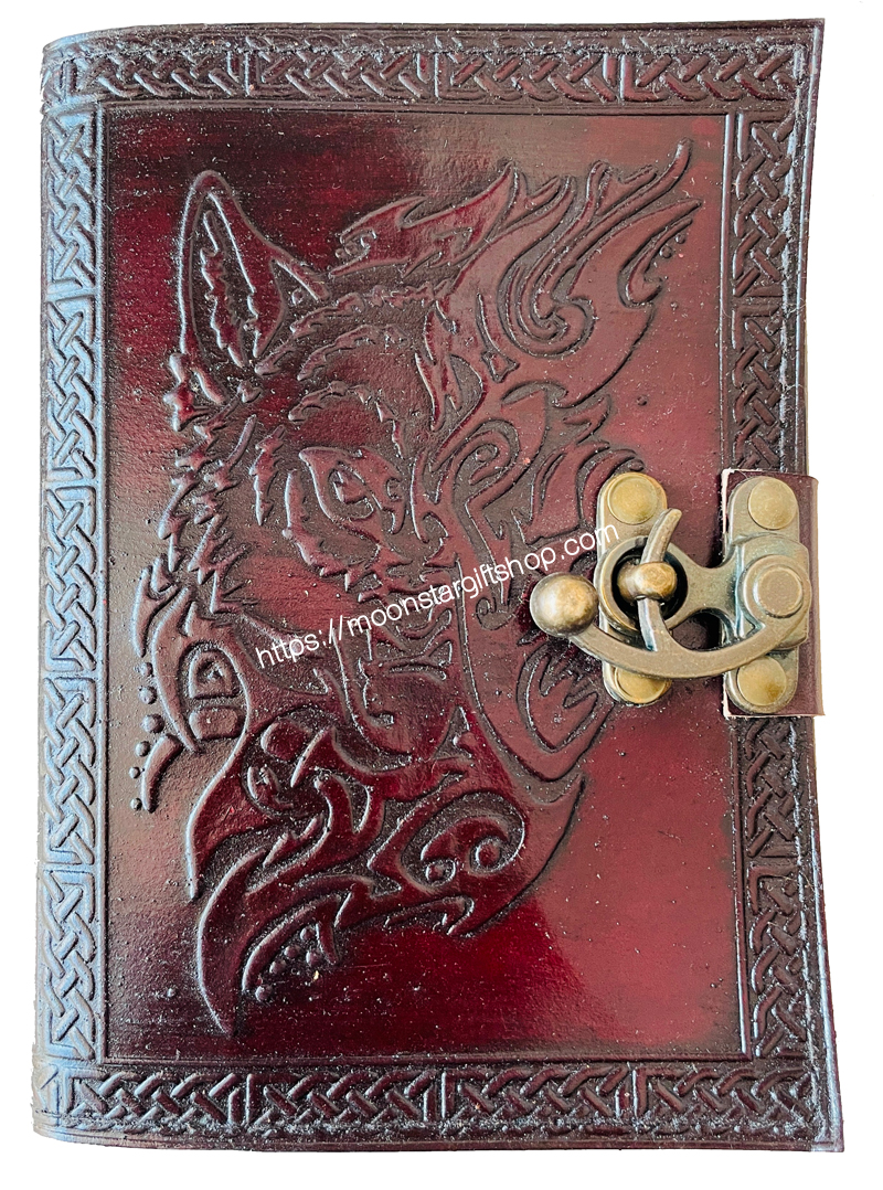 Wholesaler Handmade Antique Wolf Face Embossed Vintage Spell Book Of Shadows Leather Journal With C Lock Best Gift For Christmas, New Year, Men, Women Deckle Edge Paper 200 Pages Notebook Ske