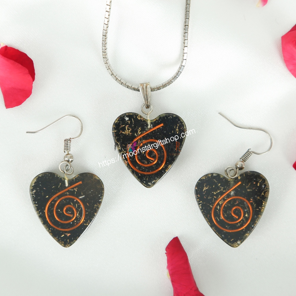 Black Color Heart Crystal Stone Pendant & Earrings