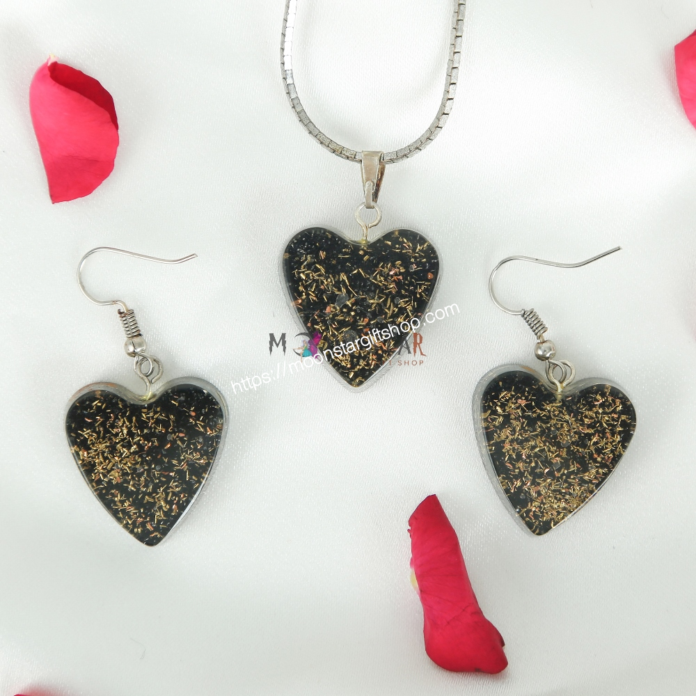 Black Color Heart Crystal Stone Pendant & Earrings