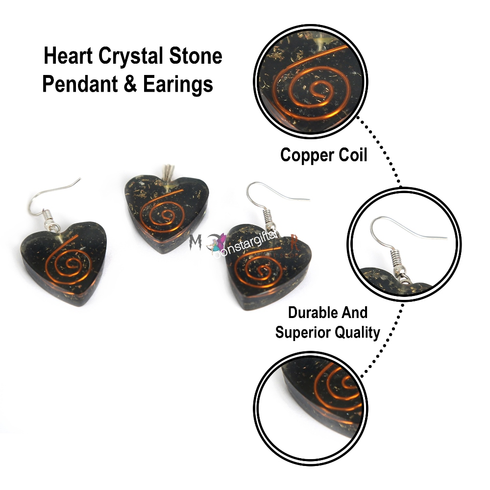Black Color Heart Crystal Stone Pendant & Earrings