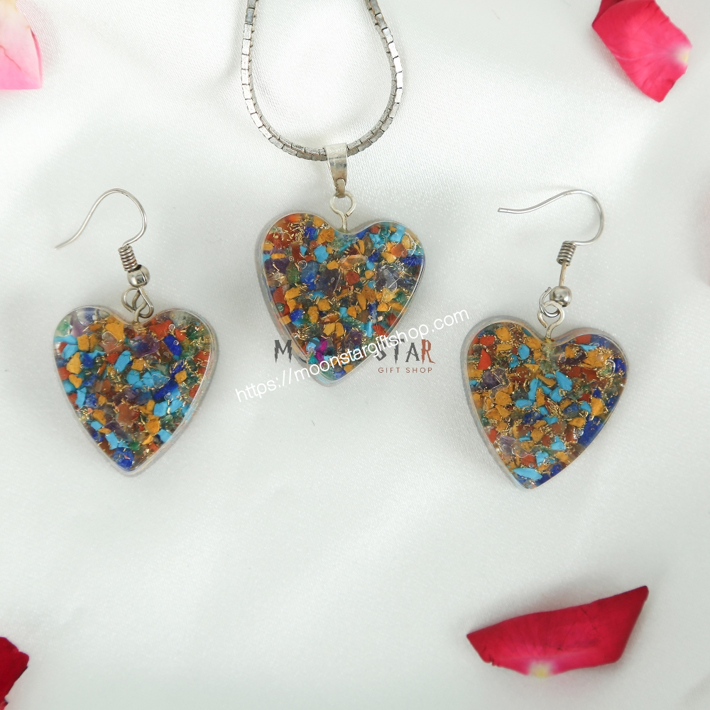 Blue Color Heart Crystal Stone Pendant & Earings