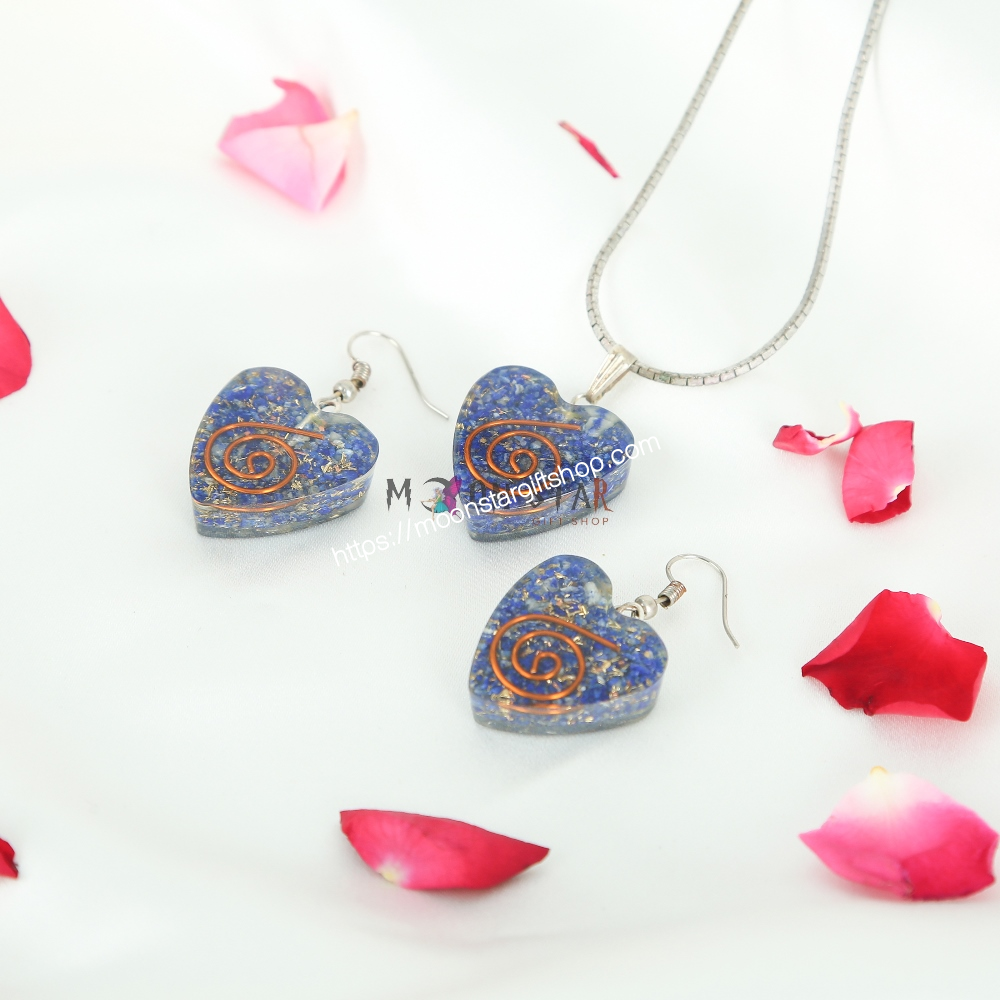 Royal Blue Color Heart Crystal Stone Pendant & Earings