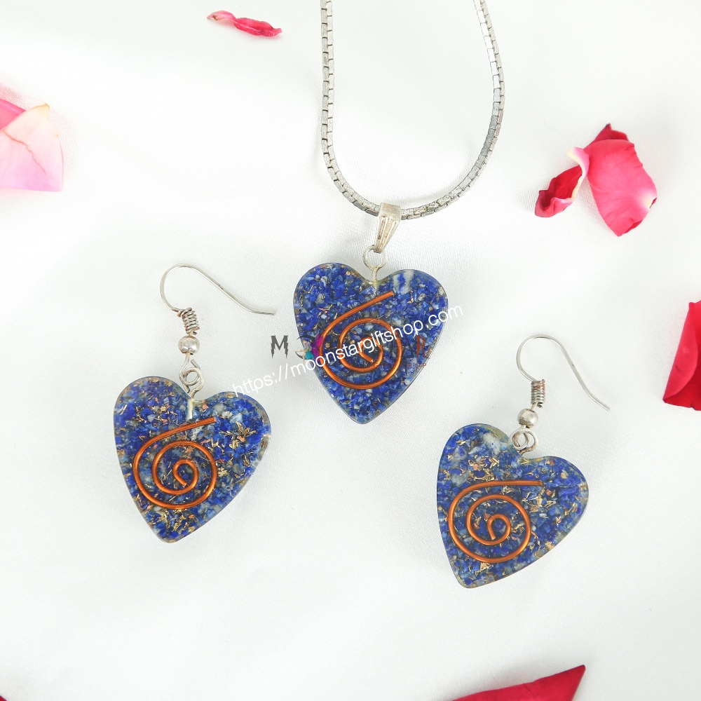 Royal Blue Color Heart Crystal Stone Pendant & Earings