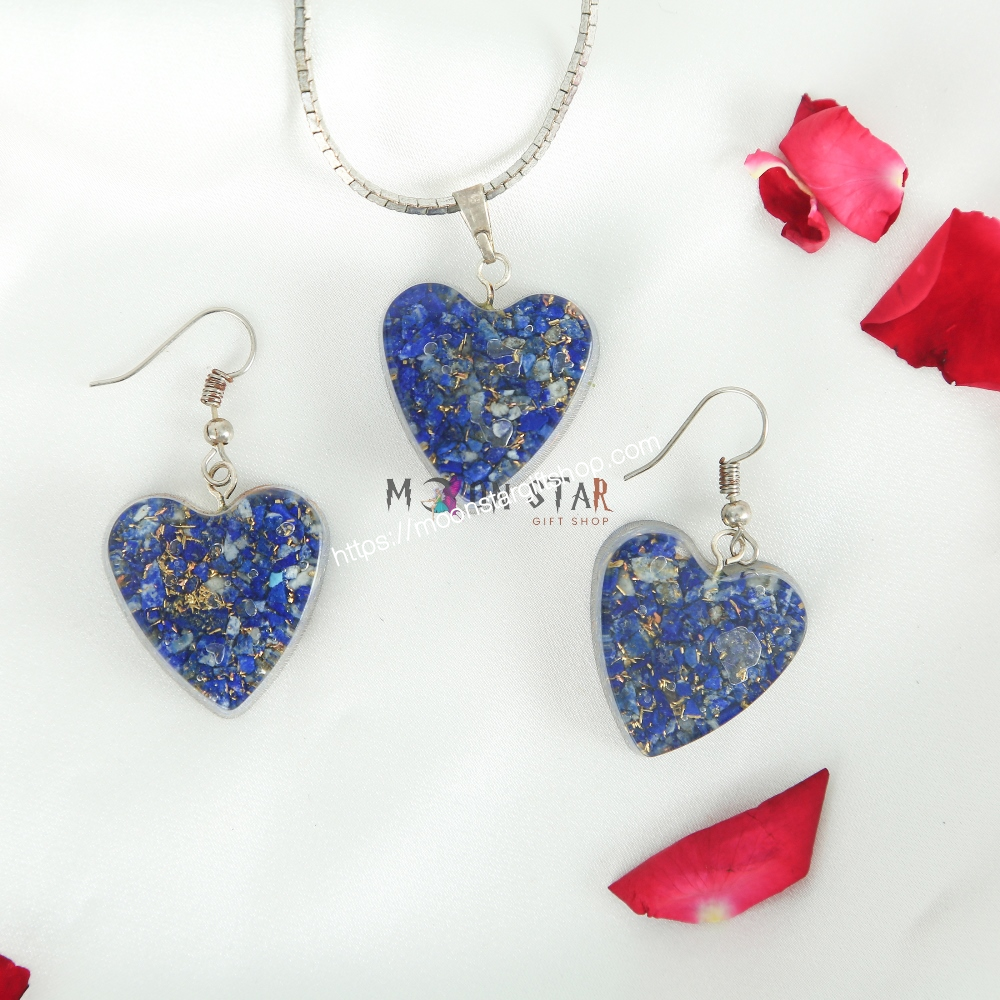 Royal Blue Color Heart Crystal Stone Pendant & Earings