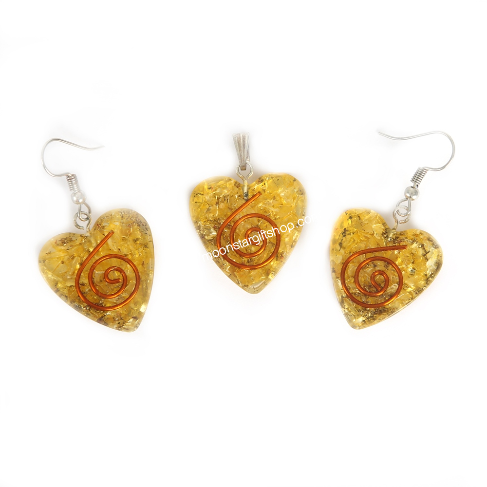 Golden Heart Crystal Stone Pendant and Earrings