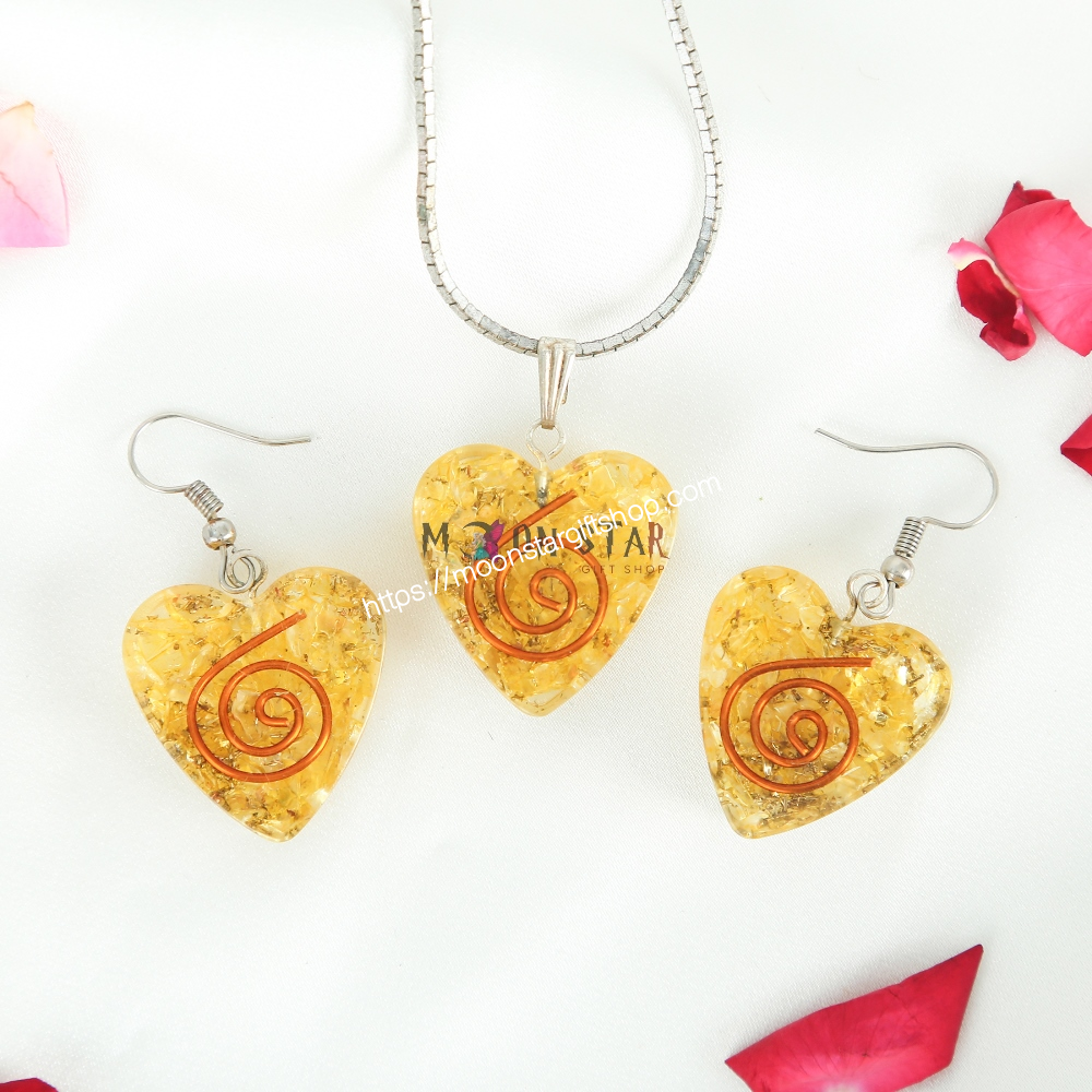 Golden Heart Crystal Stone Pendant and Earrings