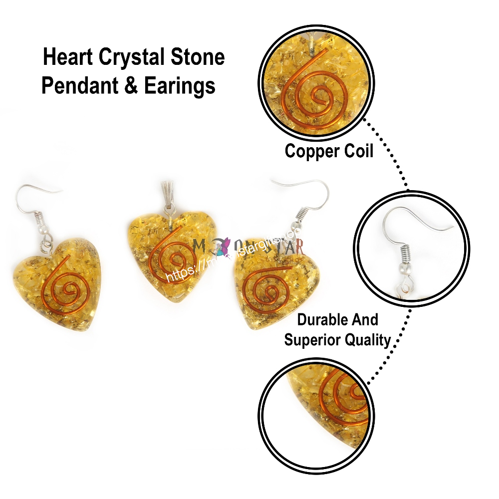 Golden Heart Crystal Stone Pendant and Earrings