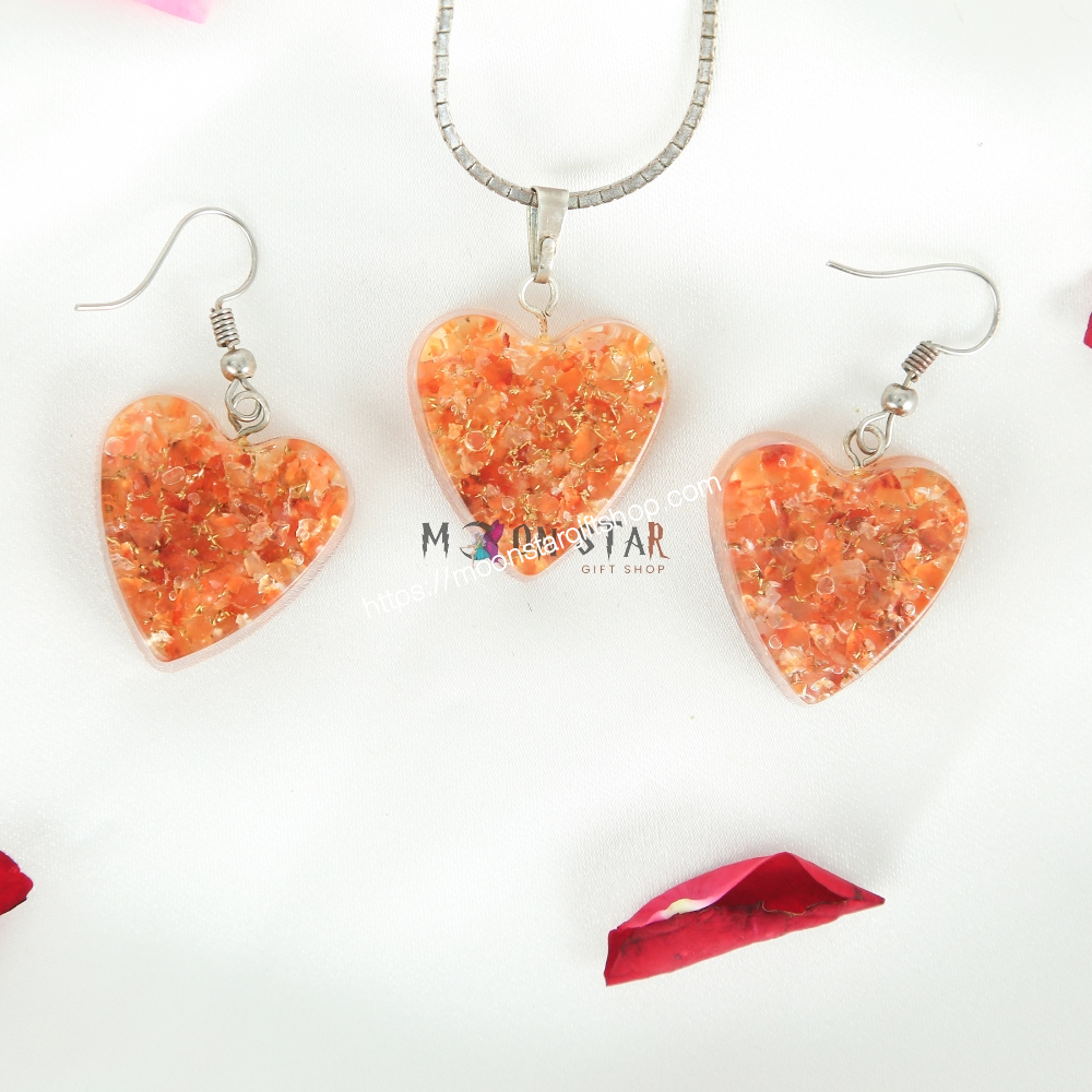 Golden Color Heart Crystal Stone Pendant & Earrings