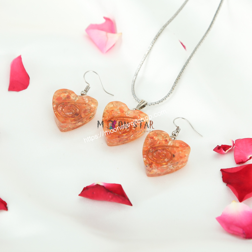 Golden Color Heart Crystal Stone Pendant & Earrings